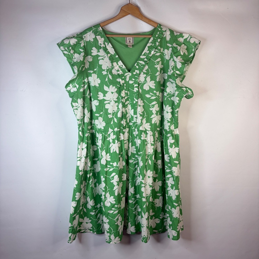 LEA Mini Dress Womens 3X Green Floral Ruffle V-Neck Flutter Sleeve Cotton Pocket